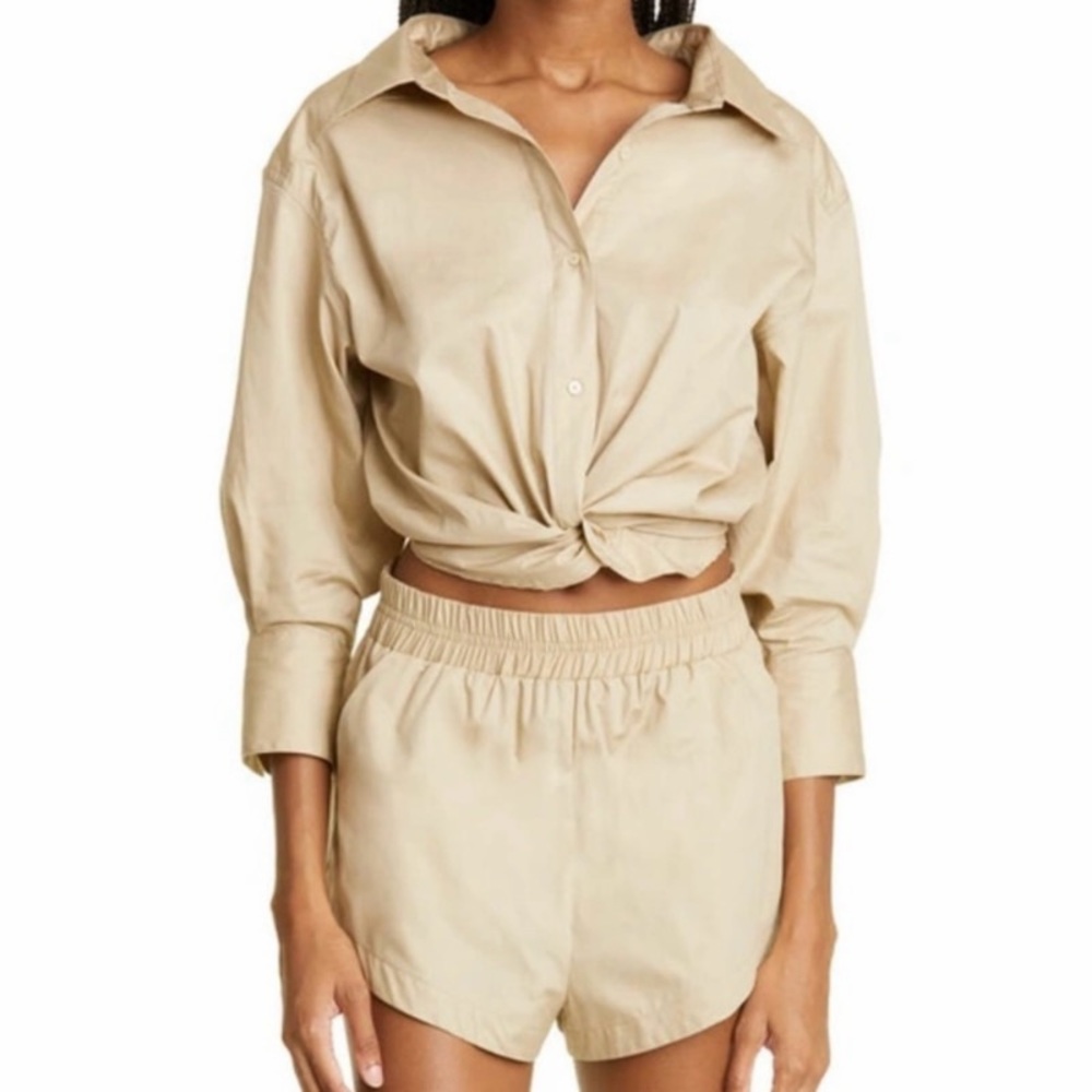 Alix NYC Loretta Knot Hem Cotton Shirt in‎ Tan Womens Size M